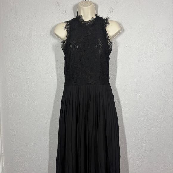 H&M Lace Midi Dress Flare Pleated Skirt Black High Neck Sleeveless - 6 - Picture 3 of 6